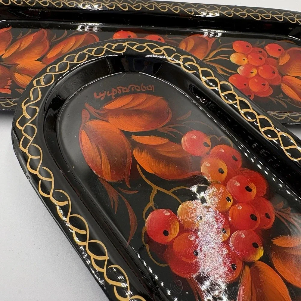 Two (2) Zhostovo Hand painted Russian Metal Decorative Trinket Tray Red Berries